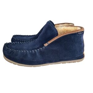 L.L. BEAN Suede Shearling Moccasin Slippers Navy Blue Cabin House Shoes Men’s 11
